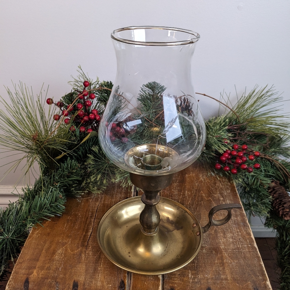 Vintage Brass Candlestick Candle Holder Original Glass Hurricane Wheatgrass Rare
